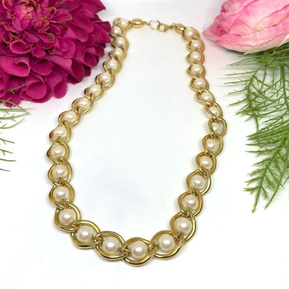 Vintage Jewelry - VINTAGE⚜️Golden Cultured Faux Pearl Chain Link Necklace